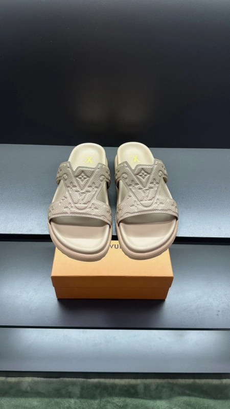 Louis Vuitton gold slides in a casual slide build, listed across sizes 38–45