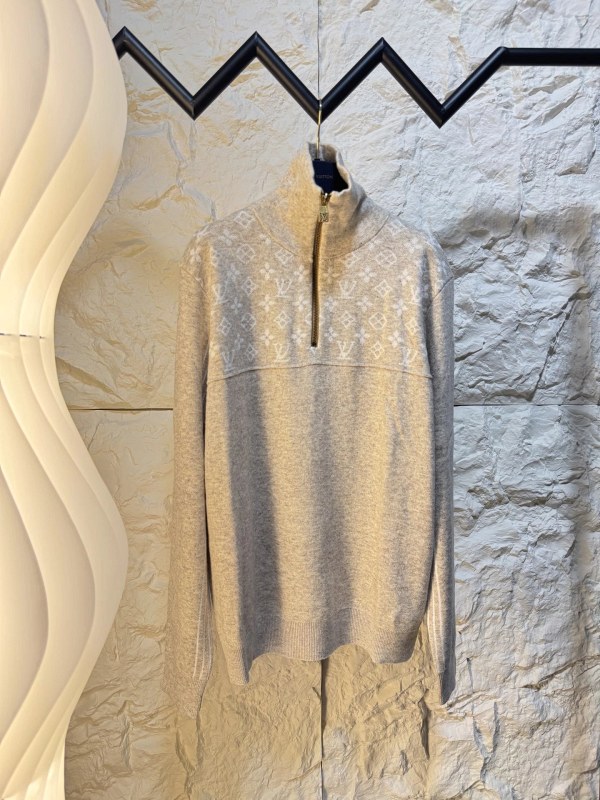 Louis Vuitton gray half-zip wool-blend pullover with a ribbed, loose-fit knit