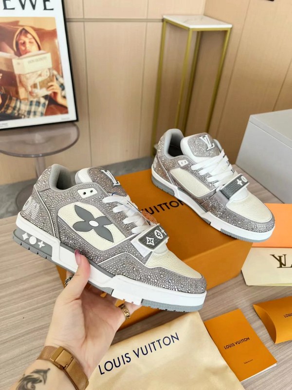 Louis Vuitton Gray Velcro-Strap Trainer Sneakers with Rhinestone Detailing