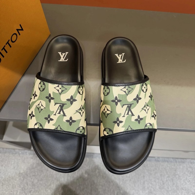 Louis Vuitton Green Slides: Casual Slide Build with Mixed-Color Upper and Cowhide Insole