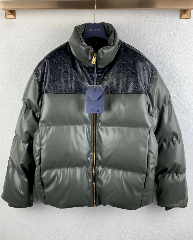 Louis Vuitton Green Puffer Jacket With Embossed Monogram Collar and Shoulder Panels