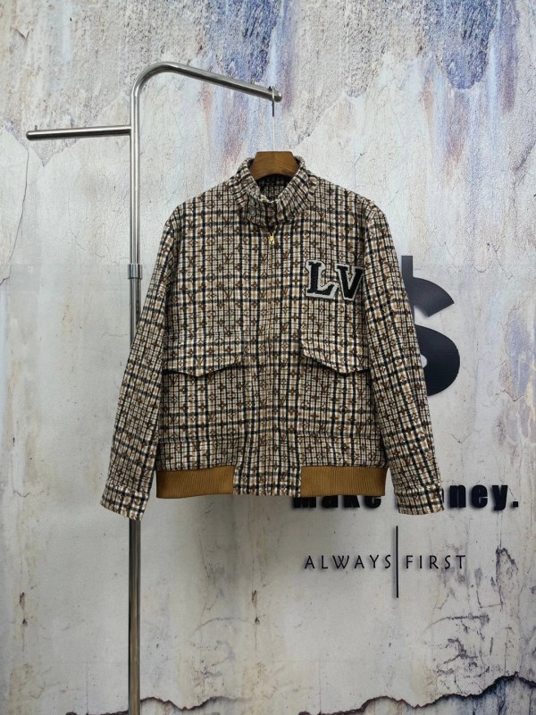 Louis Vuitton 26SS Tweed Plaid Baseball Jacket with Stand Collar and Back Embroidery