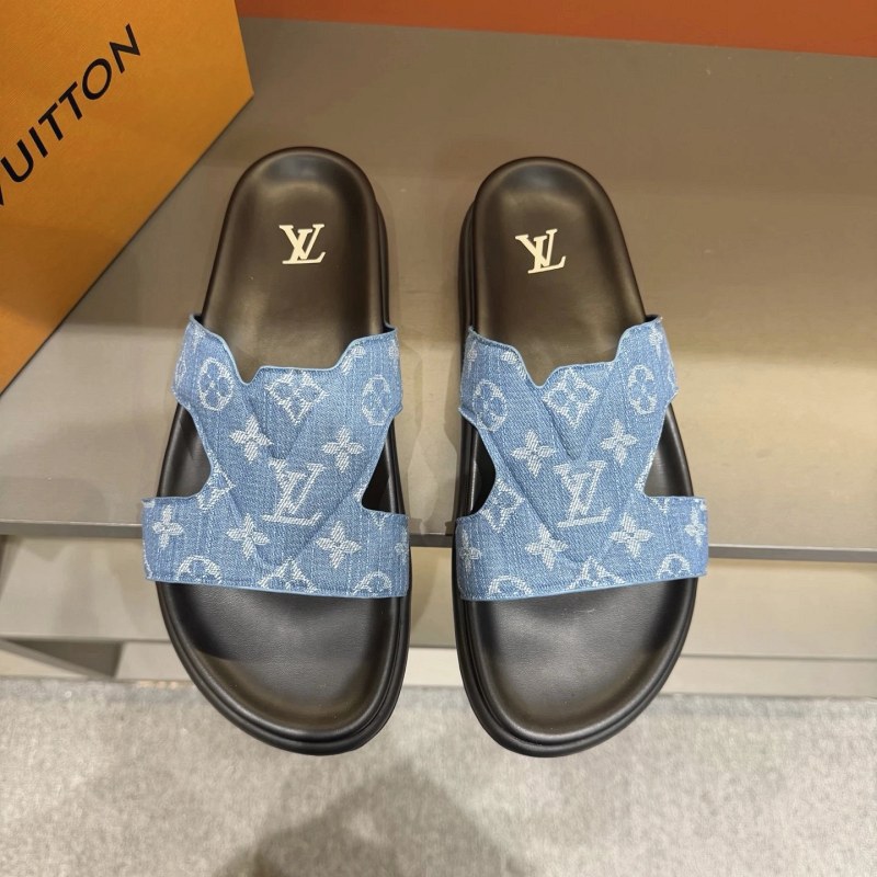 Louis Vuitton Blue Slides Listed With an Italian Upper, Leather Insole, and a Wide Size Run