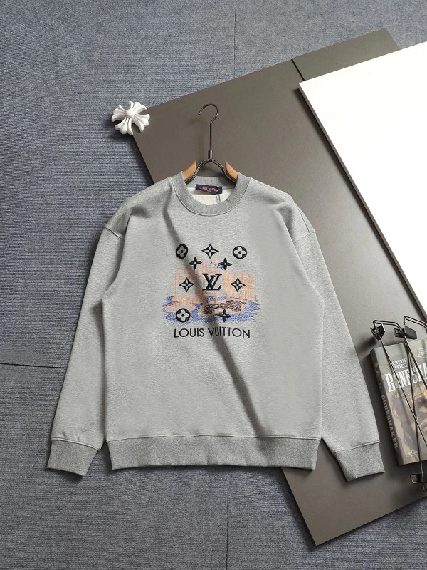 Louis Vuitton gray crewneck sweater with embroidered logo, listed in S–XXL
