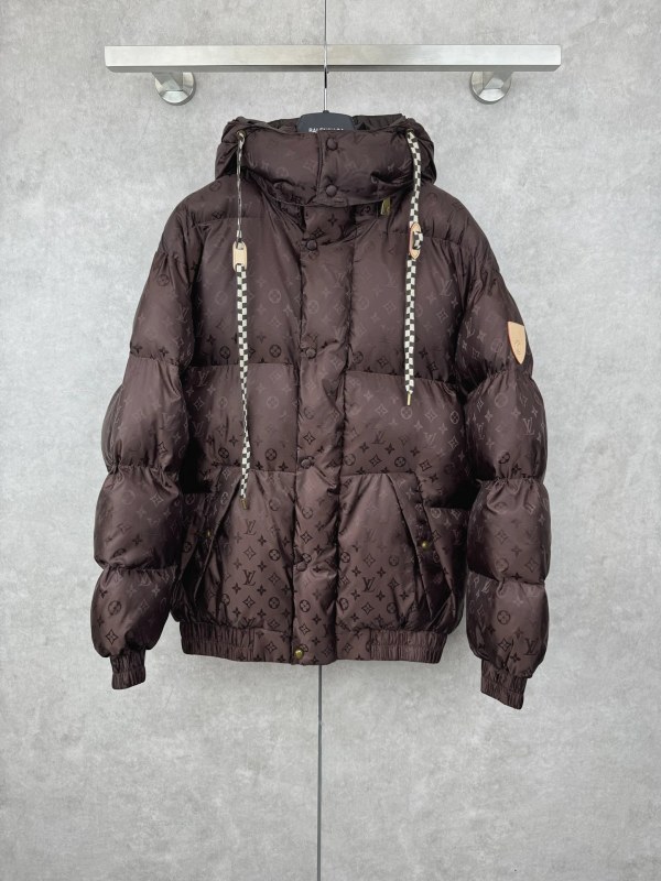 Louis Vuitton monogram puffer jacket in dark wine red with a detachable hood