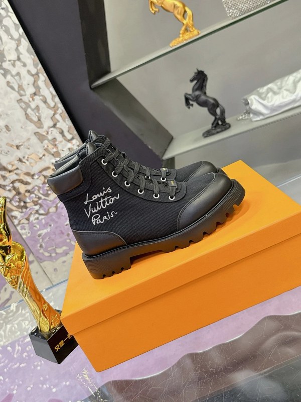 Louis Vuitton Territory-Style Lace-Up Ankle Boot in Smooth Calf and Monogram-Embossed Leather