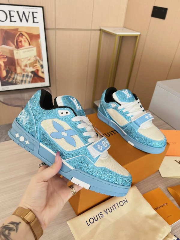 Louis Vuitton Blue LV Trainer With Rhinestone Velcro Straps