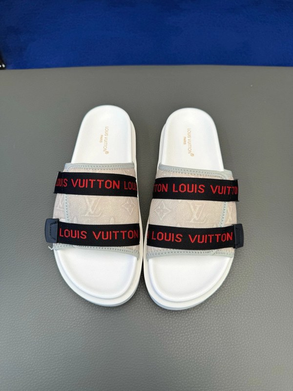 Louis Vuitton gray flat slides in a casual style, listed in sizes 38–45