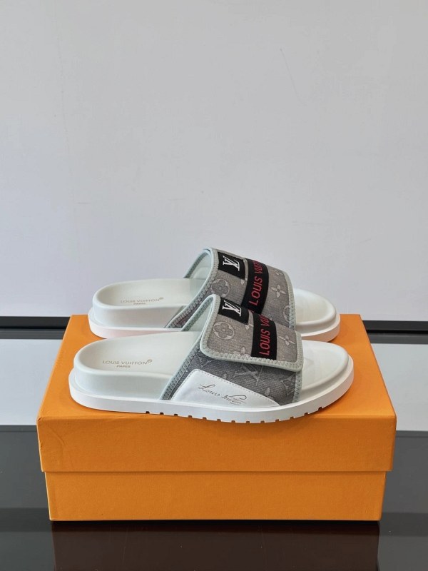 Louis Vuitton Gray Slides with Adjustable Velcro Strap and Washed-Denim Upper