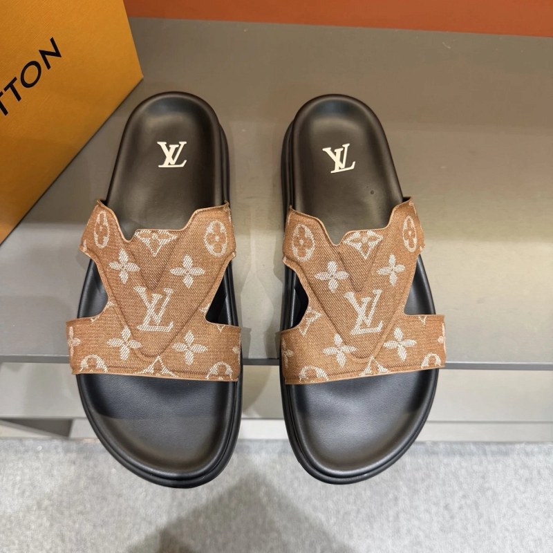 Louis Vuitton brown slides in a casual style, with a stated leather-lined insole and a broad size run