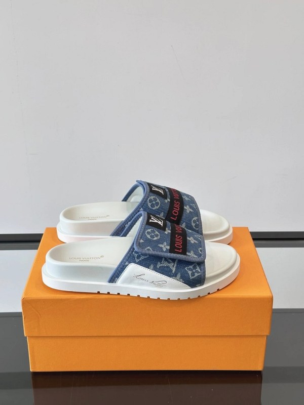 Louis Vuitton White Slides with an Adjustable Velcro Strap in Washed Denim