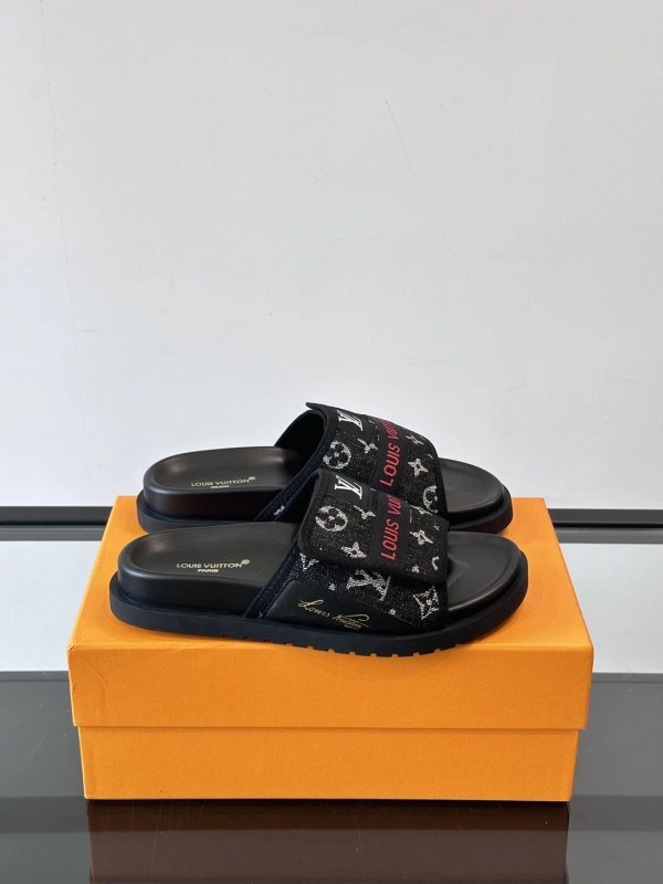 Louis Vuitton Black Washed-Denim Slides With an Adjustable Velcro Strap