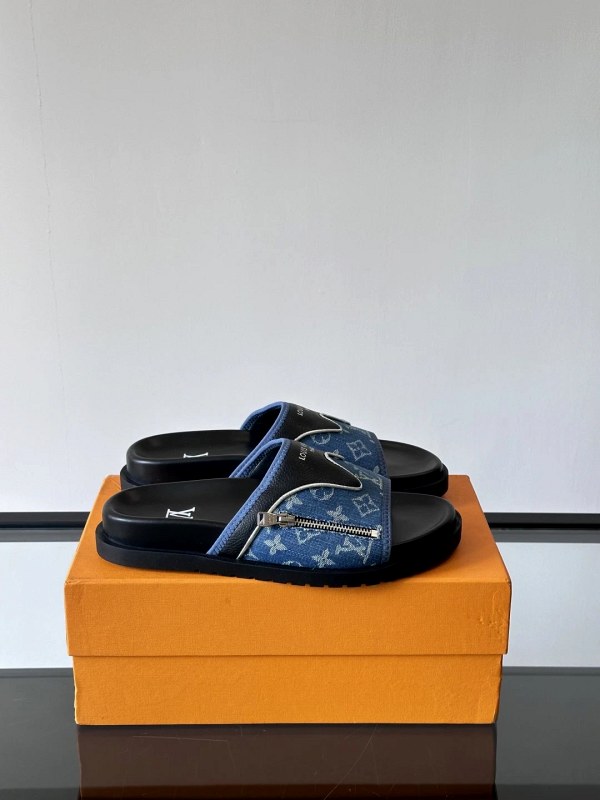 Louis Vuitton Black Slides: Denim Upper with Leather-Bound Edging on a Molded Rubber Outsole