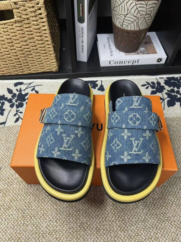 Louis Vuitton Blue Printed Slides with a 5 cm Foam Sole and Drawer-Box Packaging