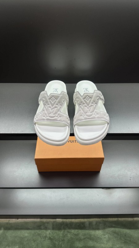 Louis Vuitton White Slides: Leather Upper, Casual Slip-On Build, Sizes 38–45
