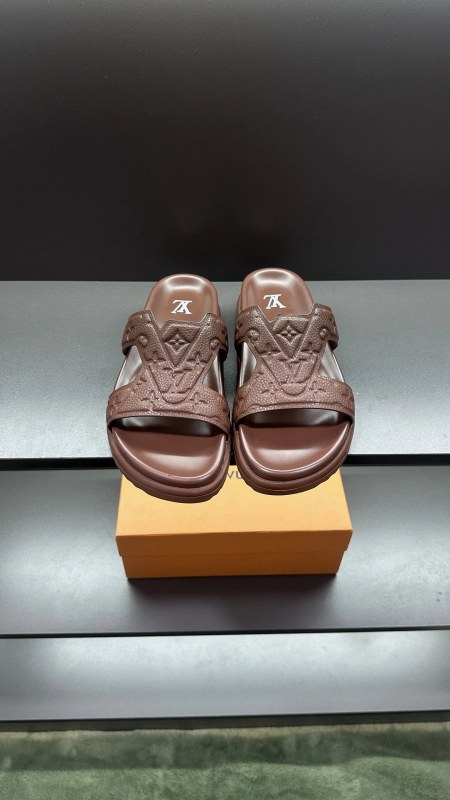 Louis Vuitton brown slides in a casual slip-on style, listed in sizes 38–45