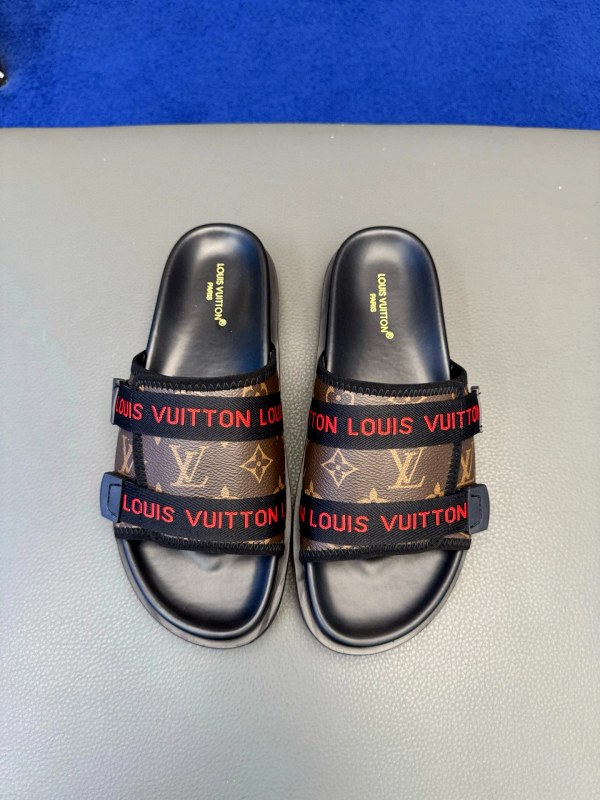 Louis Vuitton Gray Slides: Casual Leather-Footbed Slides in the Stated 38–45 Range