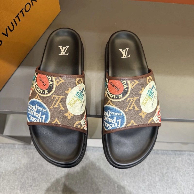 Louis Vuitton Brown Slides With a Pieced Multi-Color Upper and Leather Insole