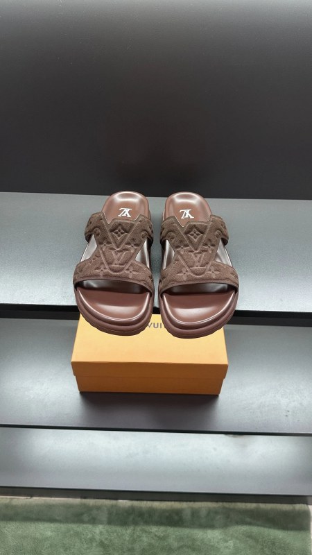 Louis Vuitton brown slides: a leather-upper casual slide listed in sizes 40–45