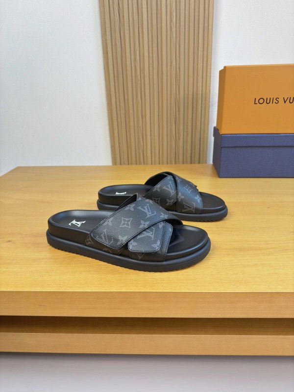 Louis Vuitton Black Slides with a Molded TPU Sole and Leather Insole
