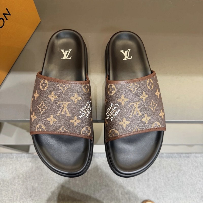 Louis Vuitton brown slides in a slip-on casual build, listed in a wide size run