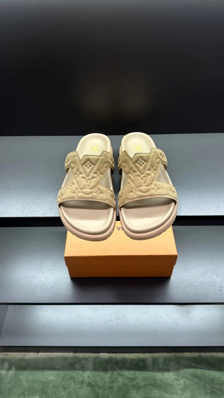 Louis Vuitton Gray Slides With a Described Leather Upper in a 38–45 Size Run