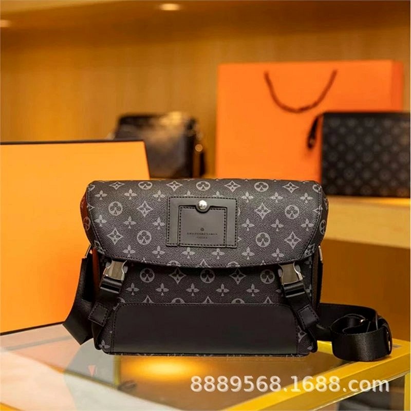 Louis Vuitton gray leather bag with a geometric print, built for everyday streetwear styling