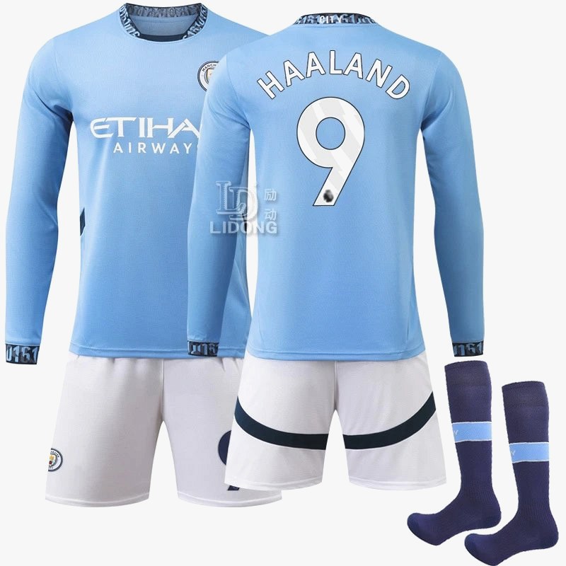 Manchester City retro-style football jersey with numbered colorways, sock bundles, and a kids-to-3XL size run