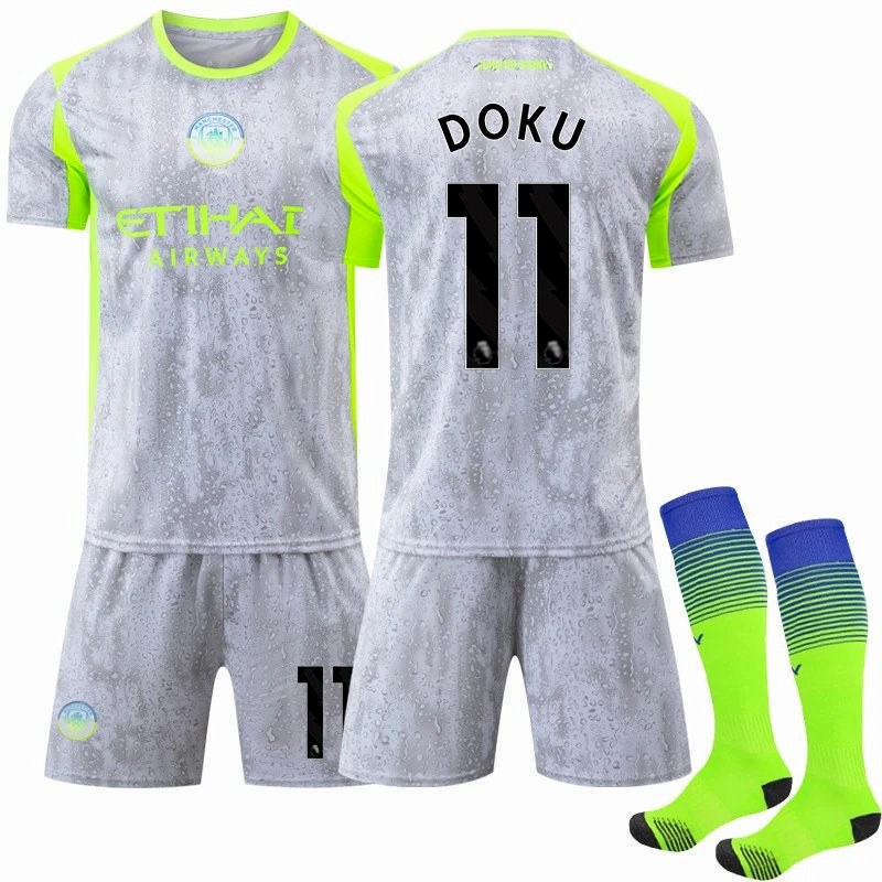Manchester City Retro-Style Jersey in Gray and Green, Listed With Numbered and Sock-Bundled Options