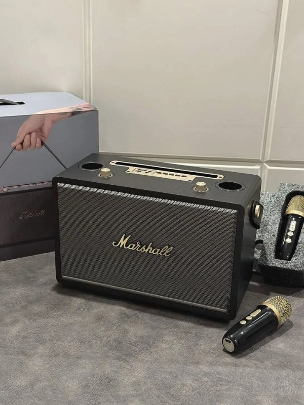Marshall-style dual-microphone karaoke speaker with a wood-and-leather box build