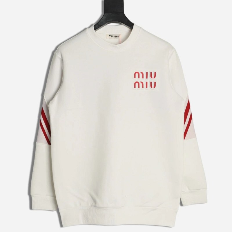 Miu Miu White Sweater With Back Webbing Logo Jacquard in 400gsm Cotton