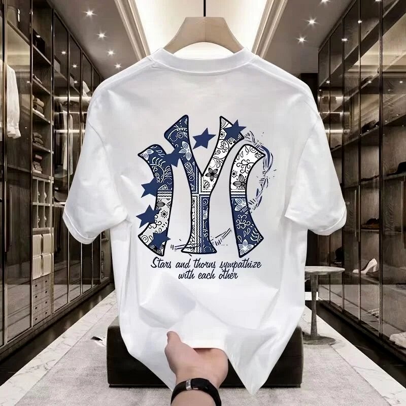 MLB black T-shirt in casual streetwear style — loose-cut polyester summer tee in 39 print and plain variants