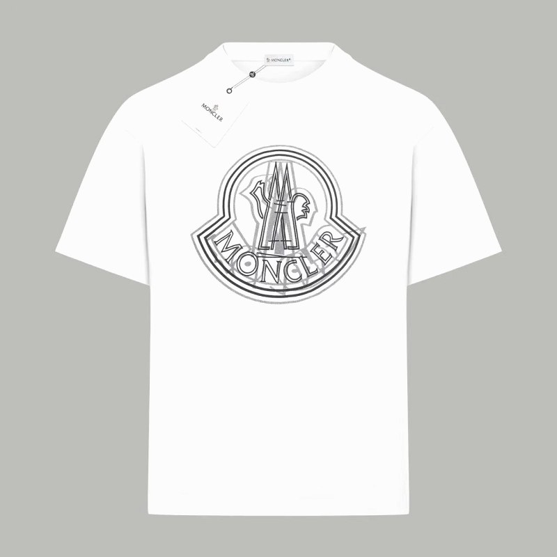 Moncler White Cotton T-Shirt with a Faded Overlap Print in 260g Double-Yarn Cotton