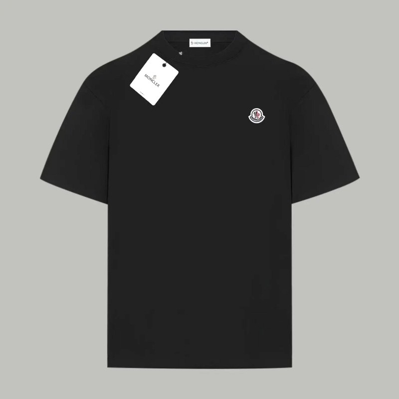 Moncler-style embroidered-logo cotton tee in 260G double-yarn cotton, unisex drop-shoulder cut