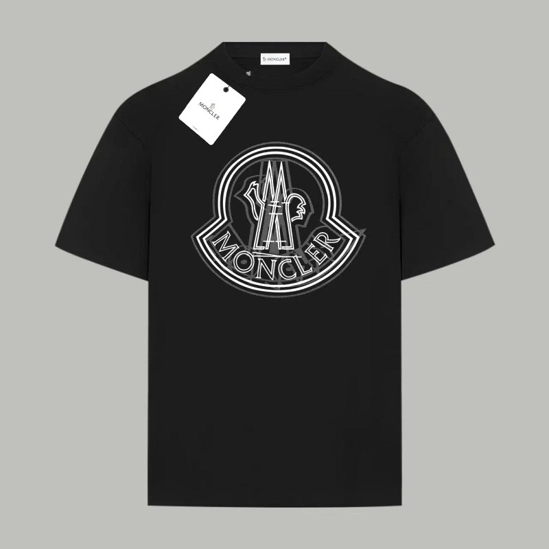 Moncler black crew-neck tee with faded overlapping print in 260G double-yarn cotton