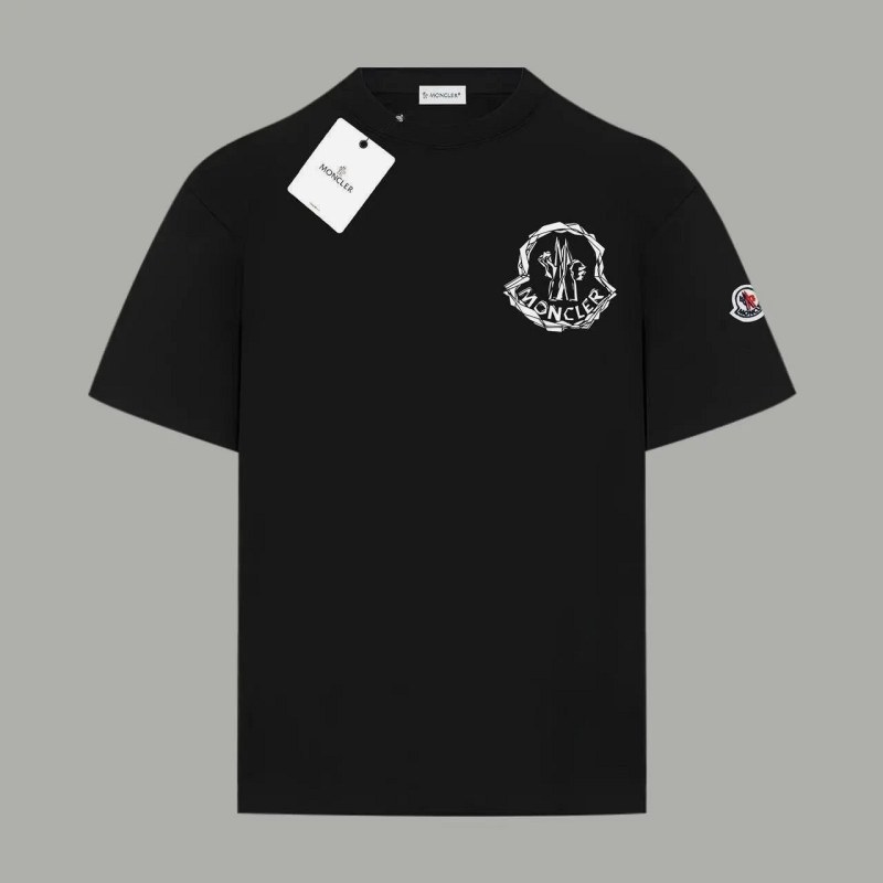 Moncler Black Crewneck Tee with Hand-Drawn Print and Embroidered Logo Patch