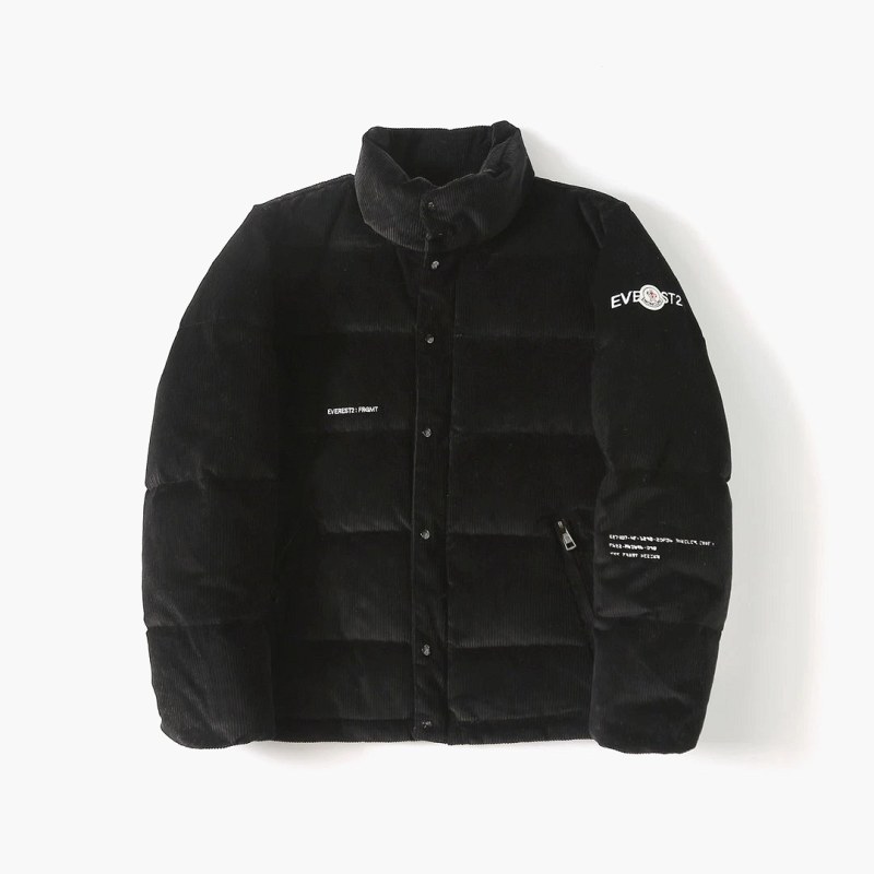 Moncler × Fragment style black corduroy down jacket with 90% white goose down fill