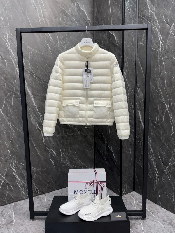 Moncler Gray Puffer Jacket: Slim Stand-Collar Lightweight Down