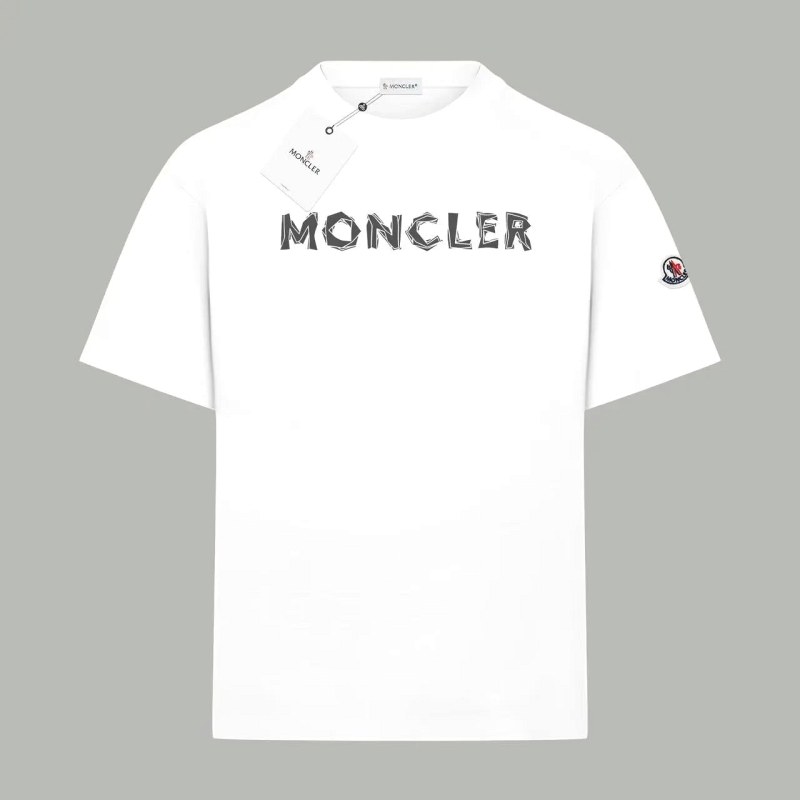 Moncler White Cotton Tee with Embroidered Letter Patch