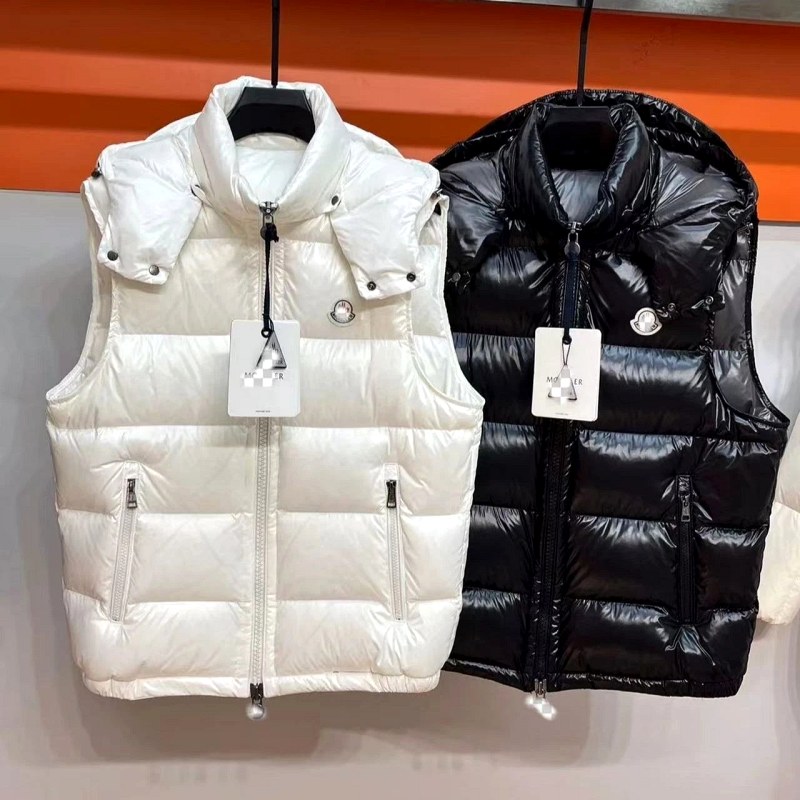 Moncler-Style Hooded Cotton Vest in White or Black, S–XXL, With Detachable Collar