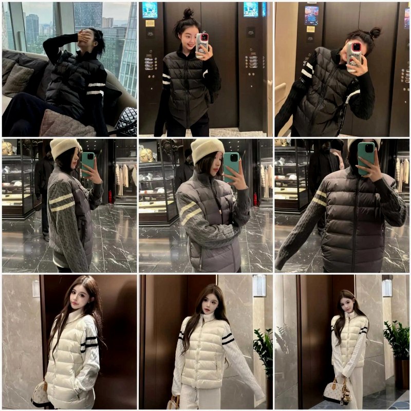 Moncler knit-sleeve hybrid puffer with navy striped shell: down body, knit sleeves, loose cut
