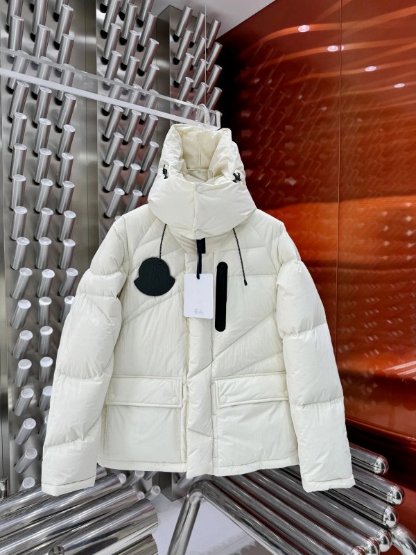 White Moncler puffer jacket with 90-fill down and unisex S–3XL sizing