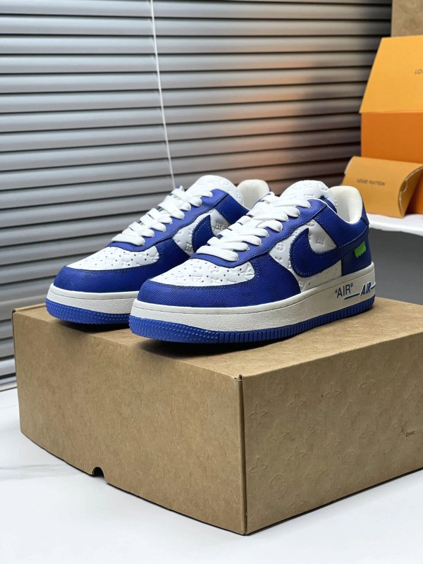 Blue Louis Vuitton x Nike Air Force 1 Low by Virgil Abloh, listed in sizes 35–45