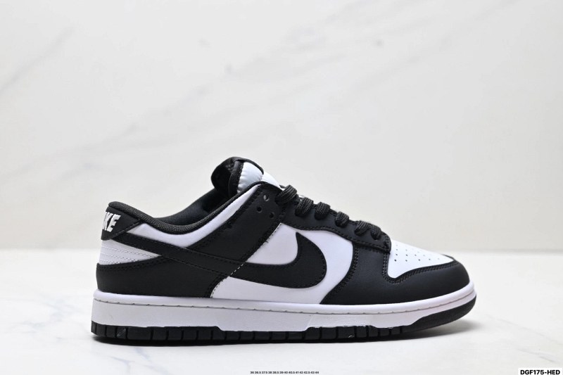 Nike Dunk Low in the black-and-white Panda colorway, listed from size 36 to 45