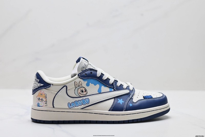 Nike AJ1-style low-top in blue and white, listed across sizes 35–45