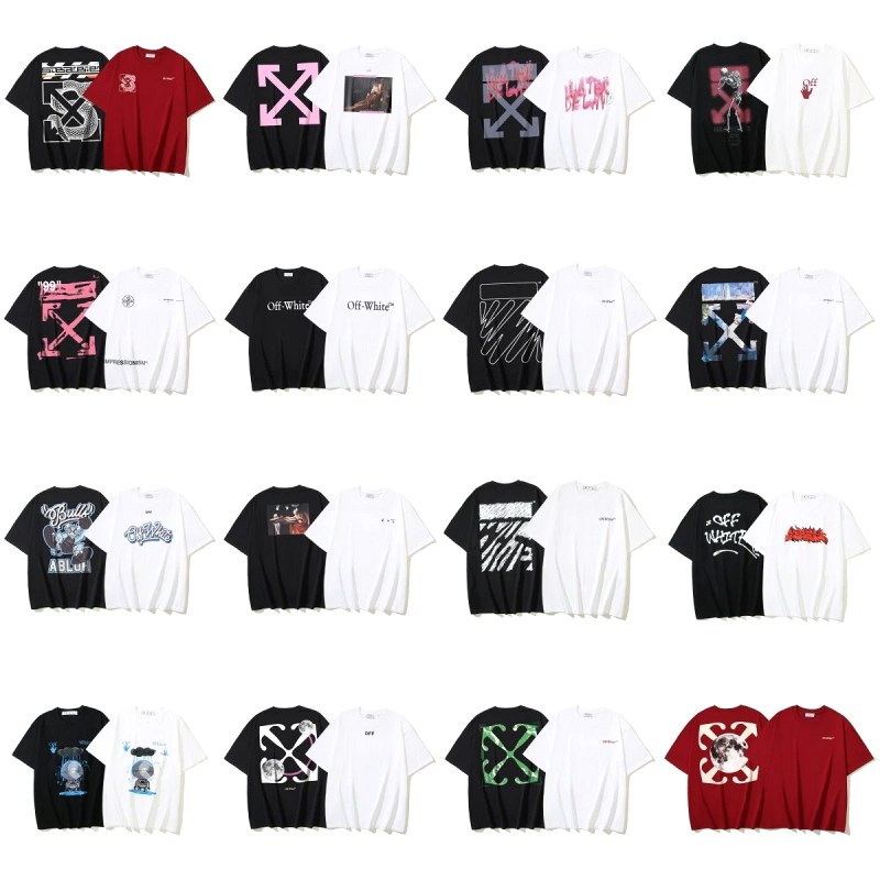 Off-White multicolor crewneck tee collection in 230g cotton blend, cut oversized with S–XL range