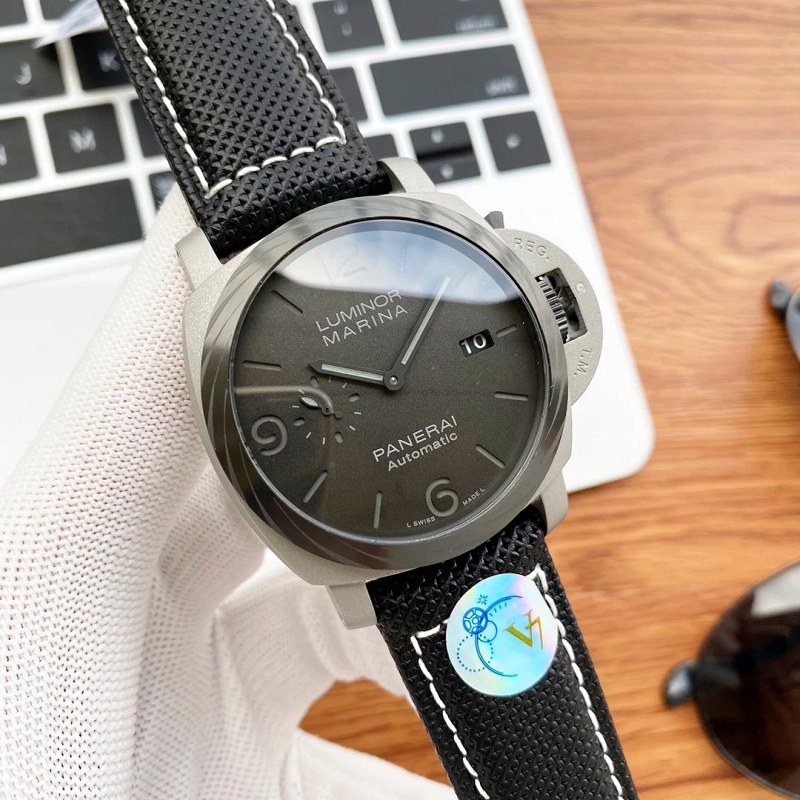 Panerai Luminor Marina-style watch with Super-LumiNova lume and the patented crown-guard bridge