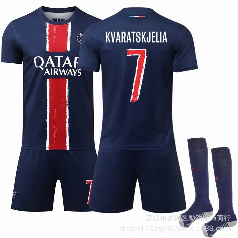 Paris Saint-Germain blue football jersey in retro sports style