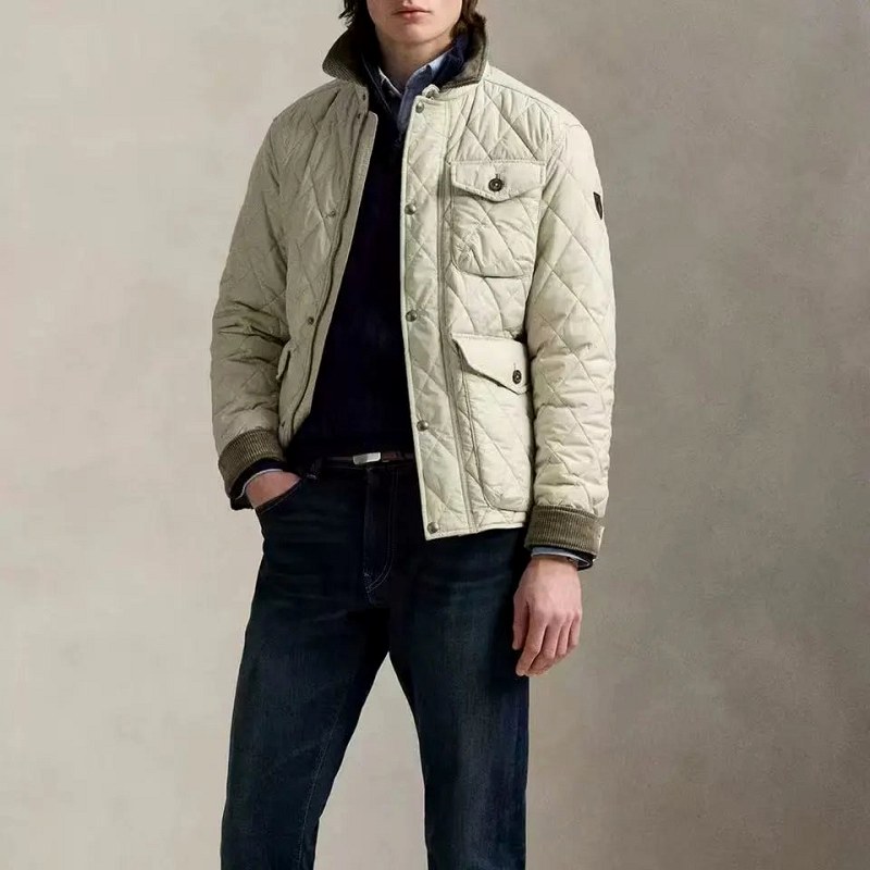 Polo Ralph Lauren Beige Plaid Quilted Jacket with Epaulets and Zip Front