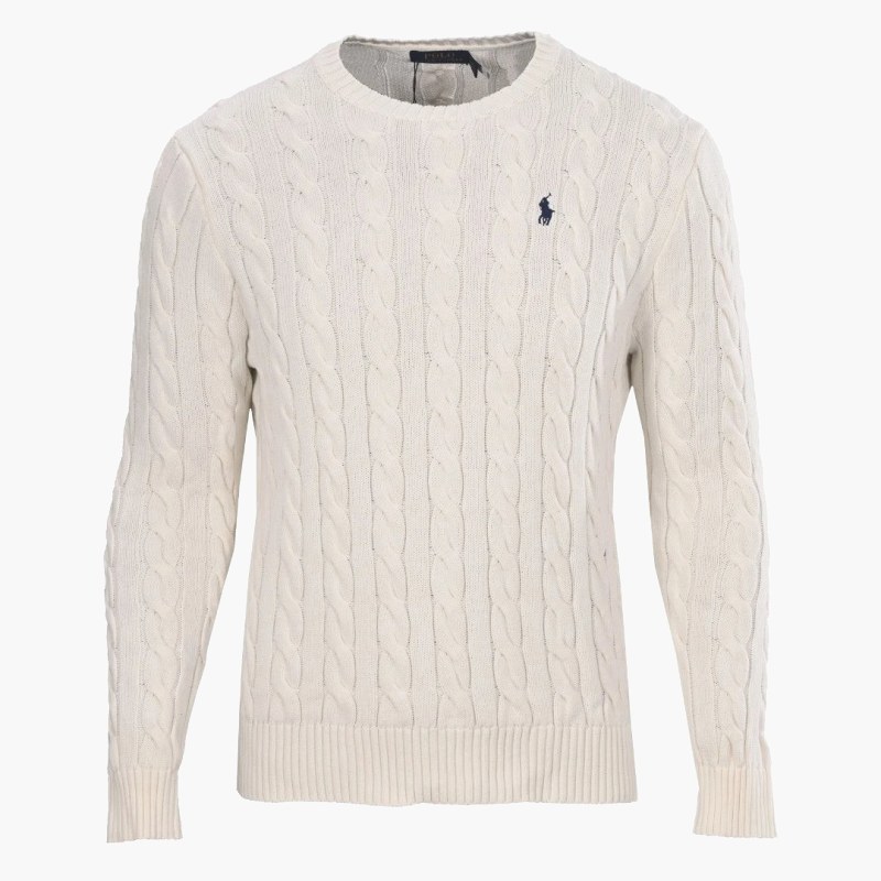 Polo Ralph Lauren Cream Cable-Knit Crewneck Sweater in 100% Cotton